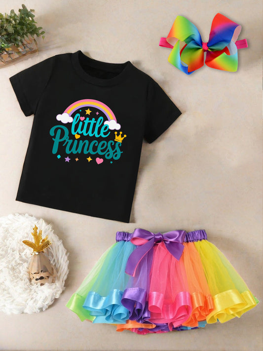 Little Princess Rainbow Tutu Set Girls White T-Shirt And Multicolor Skirt With Bow Hair Clip Cute Outfit For Toddlers And Kids