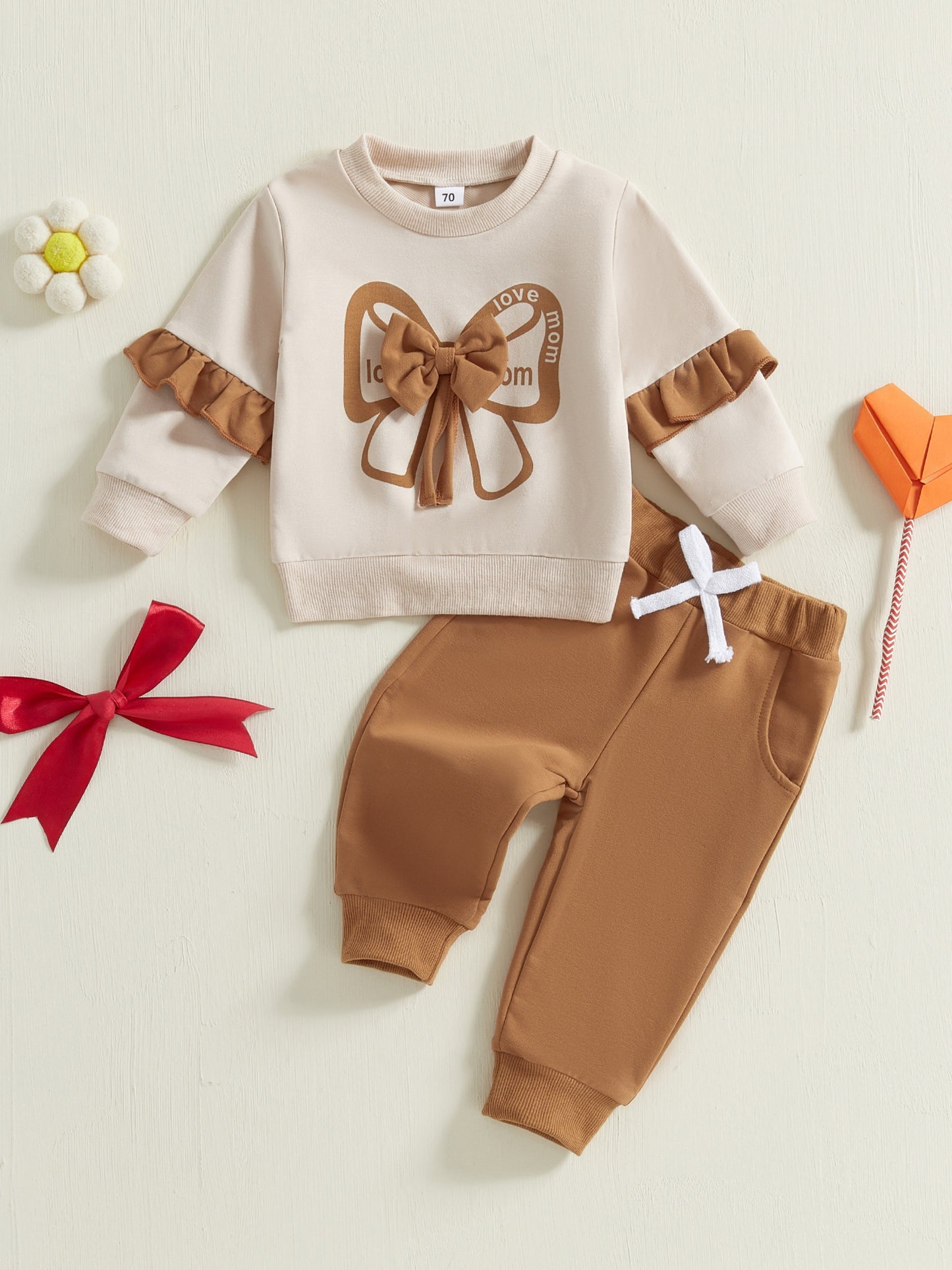 Girls Bow Sweatshirt and Sweatpants 2 Piece Outfit Set