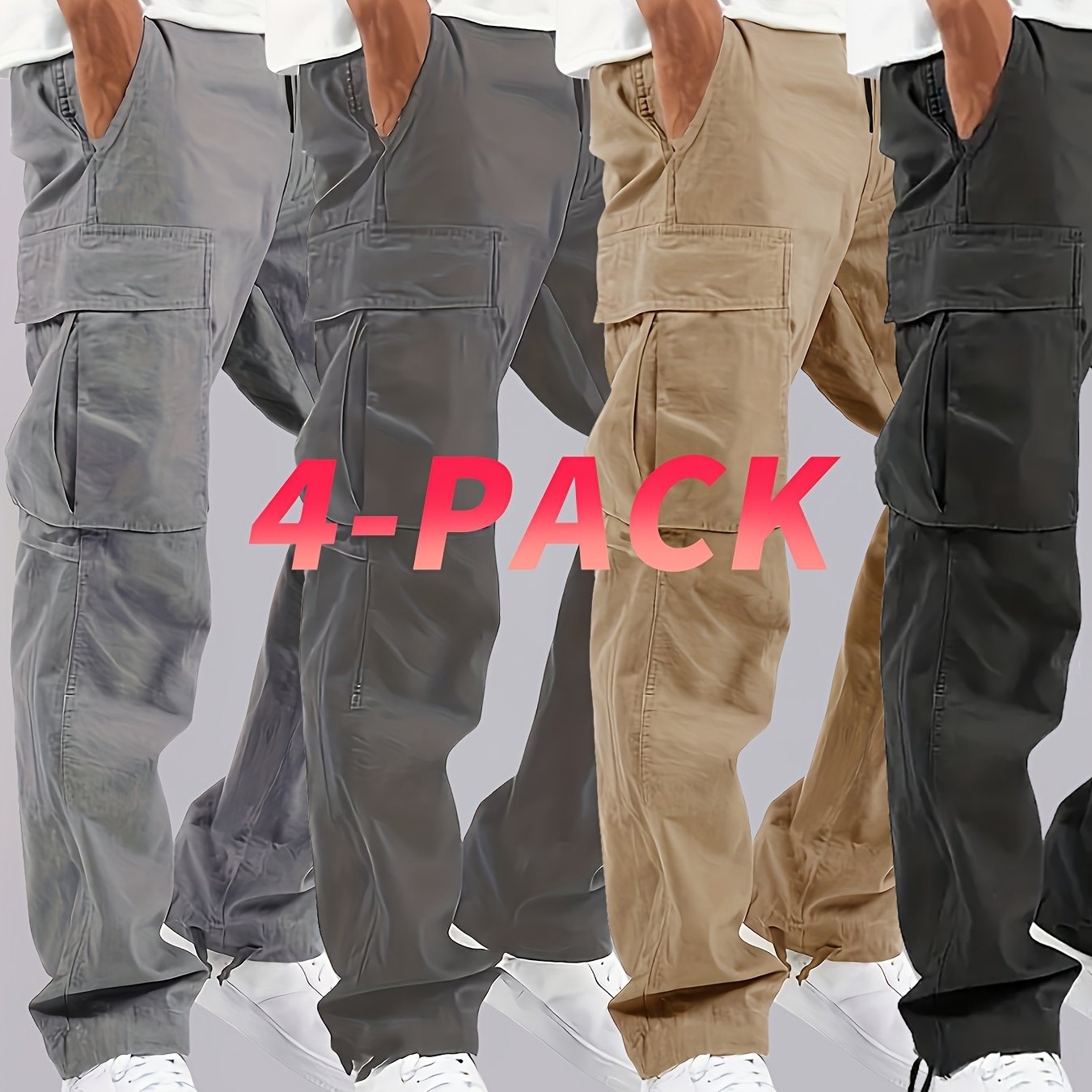 4 Pack Teen Boys Cargo Pants Loose Fit Casual Outdoor Pants with Multiple Pockets Machine Washable Polyester Blend Adjustable Drawstring Waist Available in Gray Beige and Black for Spring and Fall Activities
