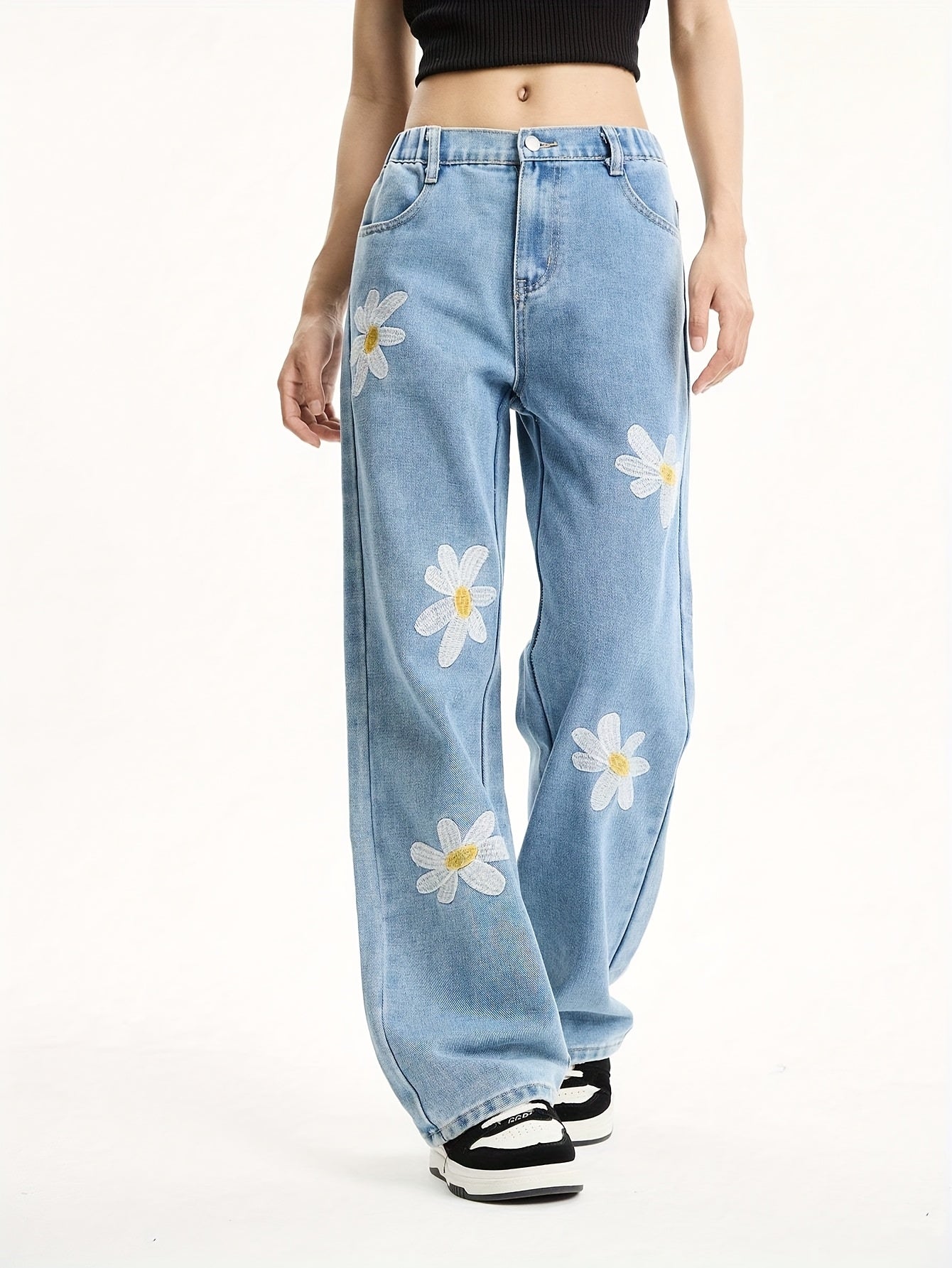 Teen Girls Vintage Loose Fit Floral Print Denim Casual Jeans