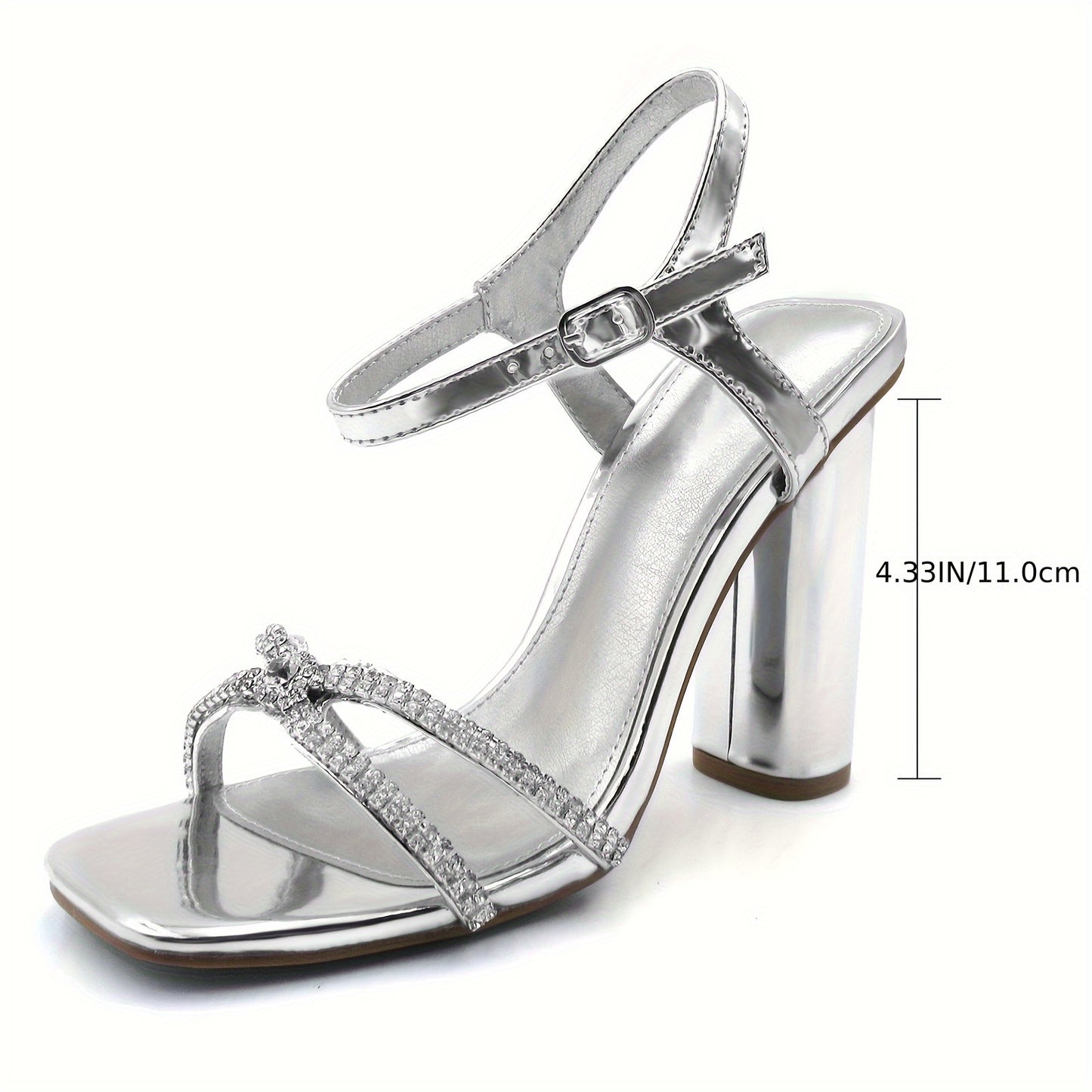 Glaze Women's Rhinestone Embellished Chunky Block Heel Sandals Adjustable Ankle Strap Square Toe Shining PU Cover Black Evening Shoes for Weddings Parties and Dressy Events