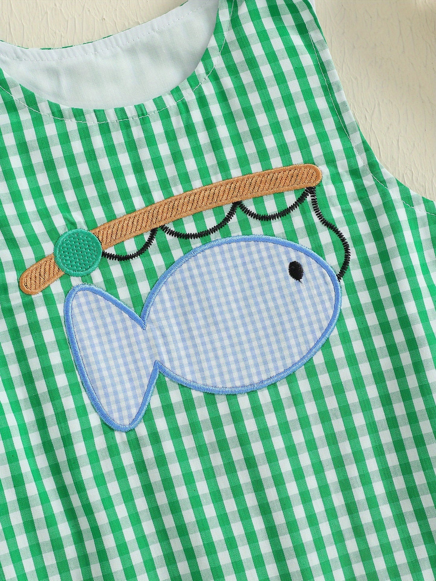 Baby Boys Summer Romper Embroidered Fish Plaid Sleeveless Jumpsuit Loose Fit Machine Washable Infant Overalls Newborn Breathable Casual Outfit Easy Diaper Change Soft Text