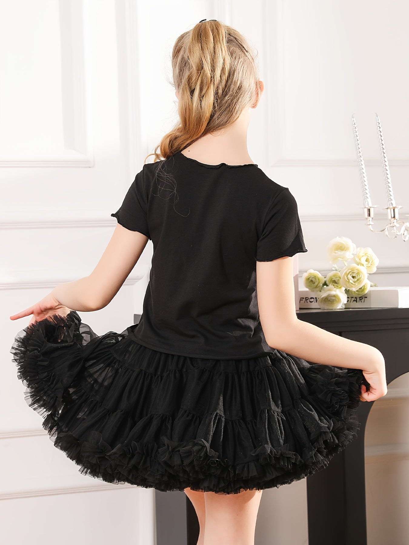 Elegant Girls 2pcs Solid Crew Neck Short Sleeve T-shirt Top and Tutu Skirt Set for Summer Party Gift