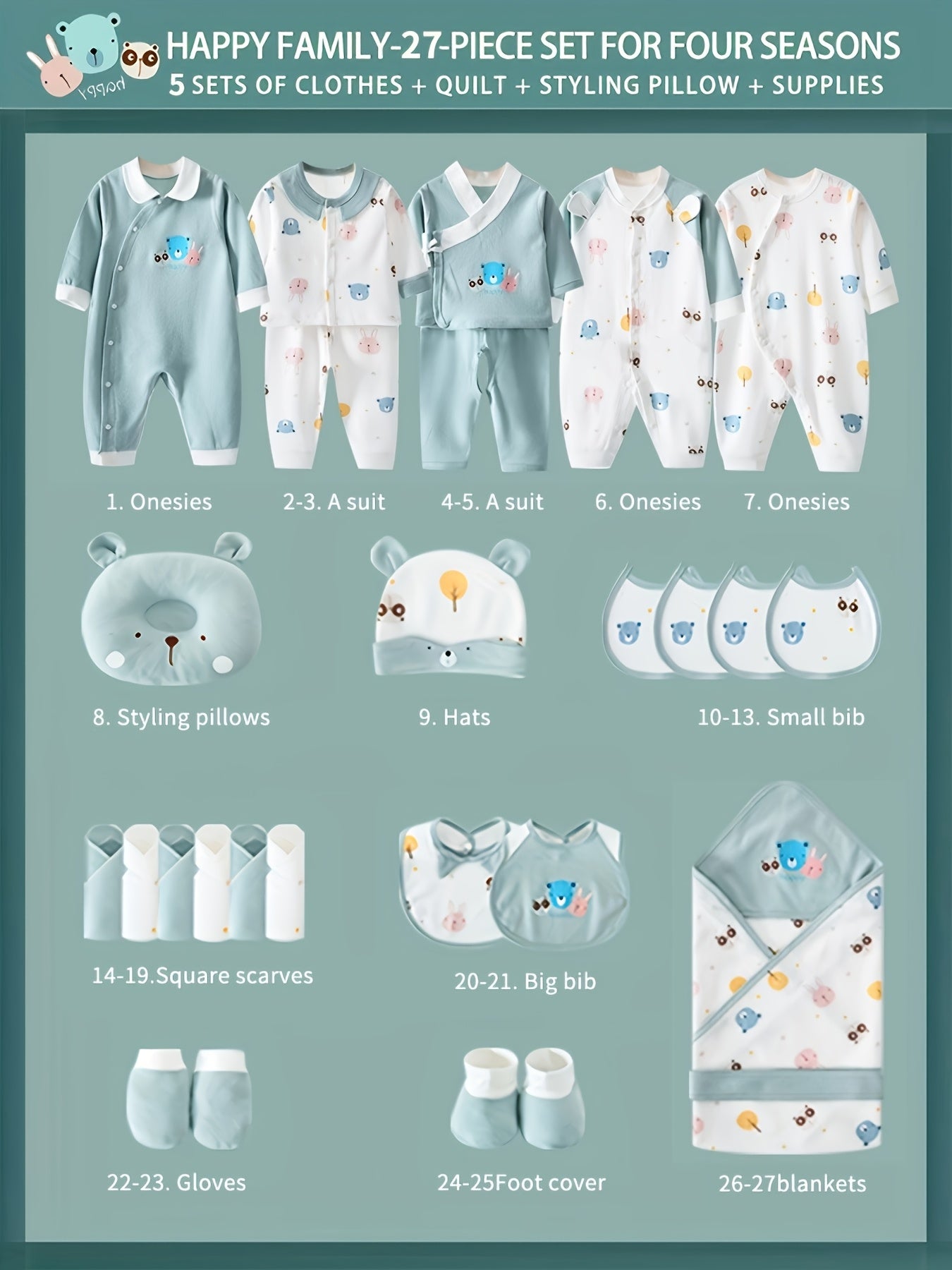 27 Piece Baby Boy Clothing Set with Accessories for Newborns