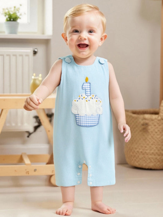 Baby Boys Rompers Birthday Clothes Cake Embroidery Stripe Summer Sleeveless Overalls Bodysuits Jumpsuits for Outdoor