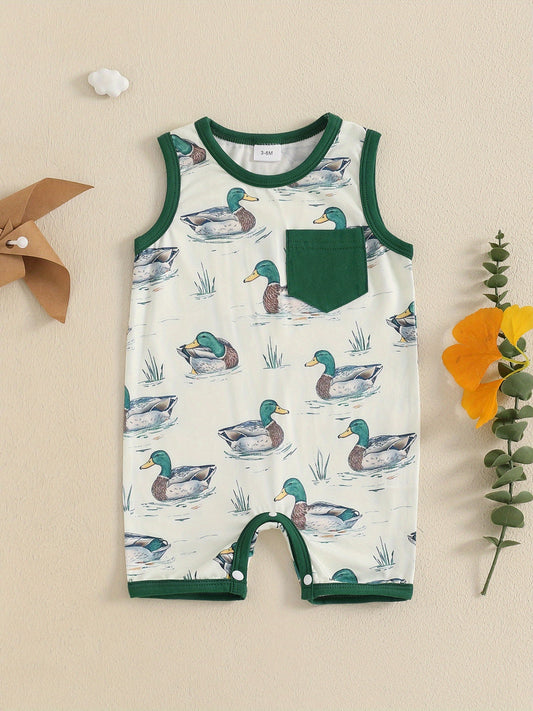 Baby Boy Duck Tank Romper Round Neck Sleeveless Bodysuit with Pocket Cute Summer Clothes for Outdoor Activities