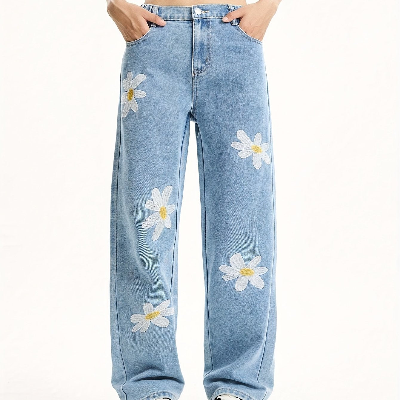 Teen Girls Vintage Loose Fit Floral Print Denim Casual Jeans