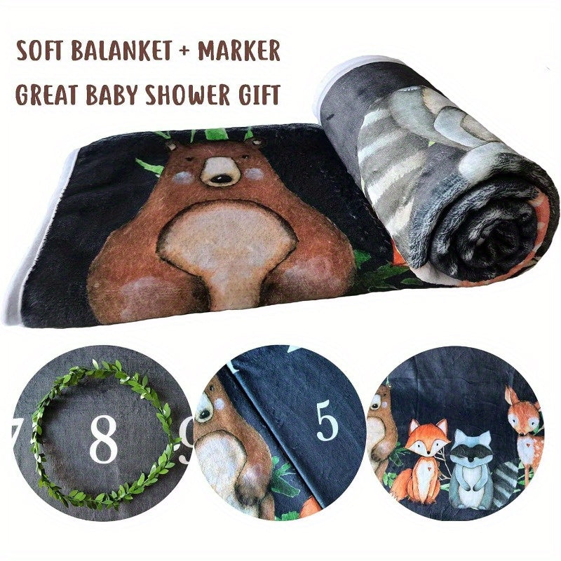 Woodland Baby Monthly Milestone Fleece Blanket Black 50x40 Includes Marker 280gsm Single Sided Digitally Printed Facecloth Blanket