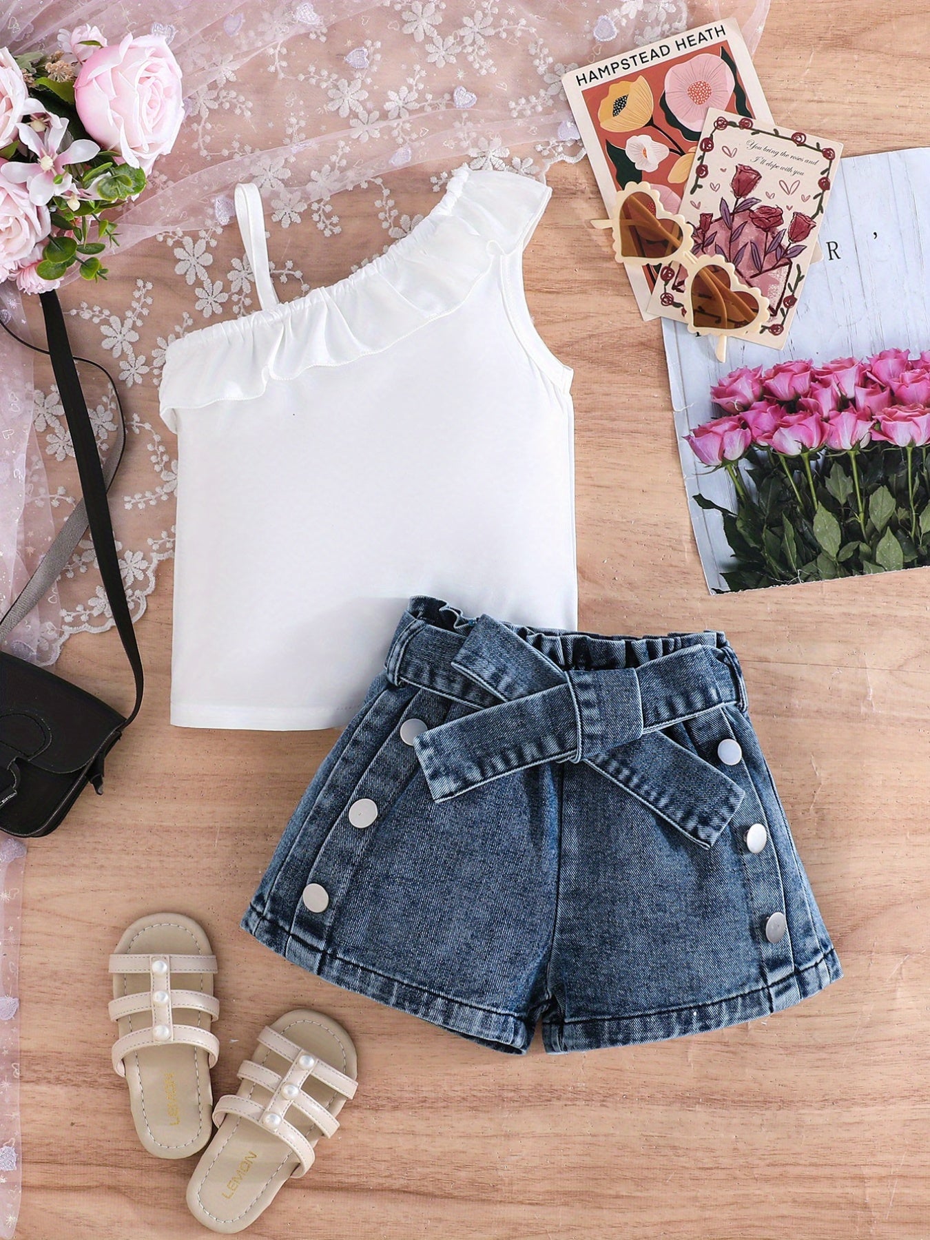 Summer Outfit for Girls Aged 3 to 7 Two-Piece Set with Asymmetrical Off-Shoulder Ruffle Top and Distressed Denim Shorts with Bow Details