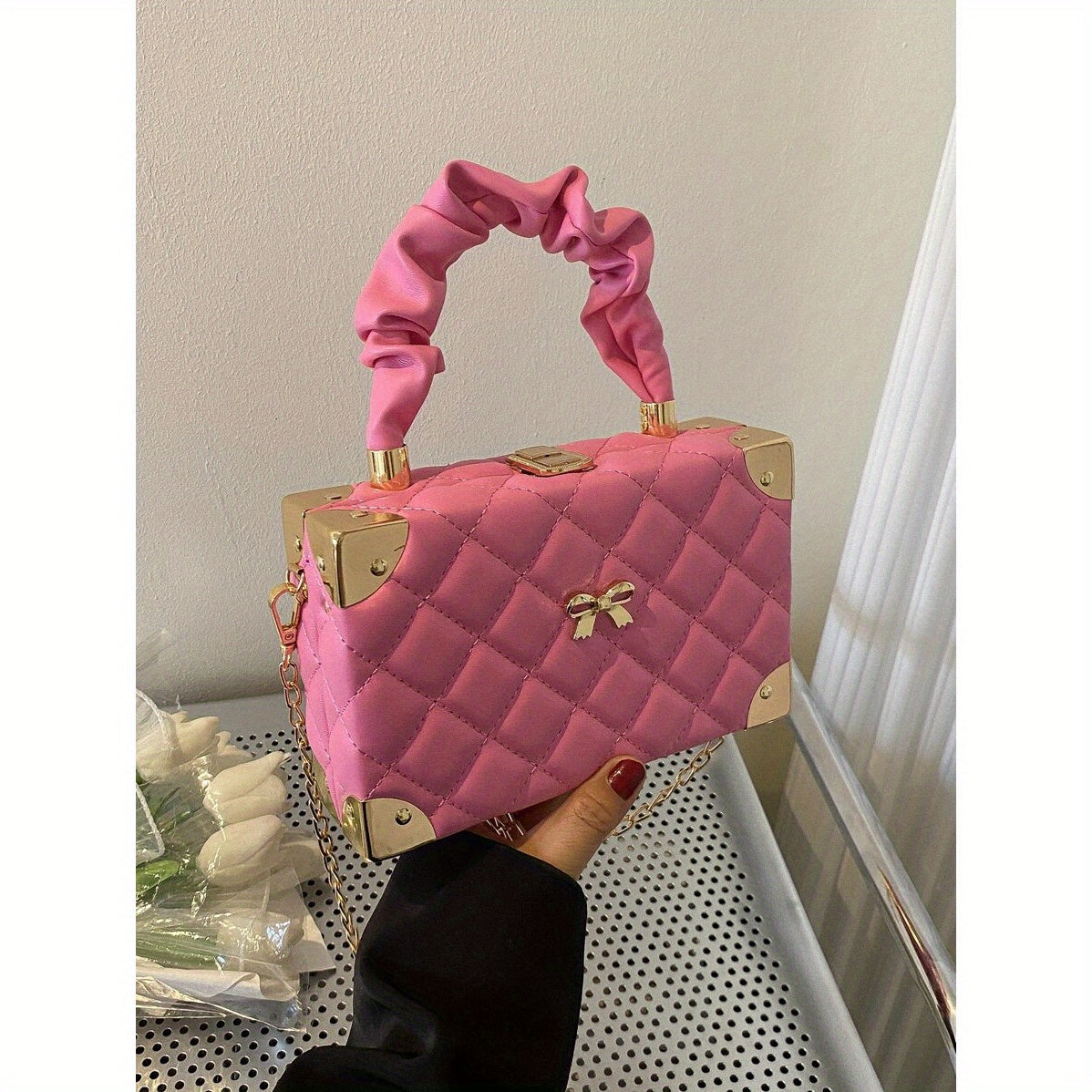 Quilted Cloud-Shaped Mini Box Bag with Bow Detail