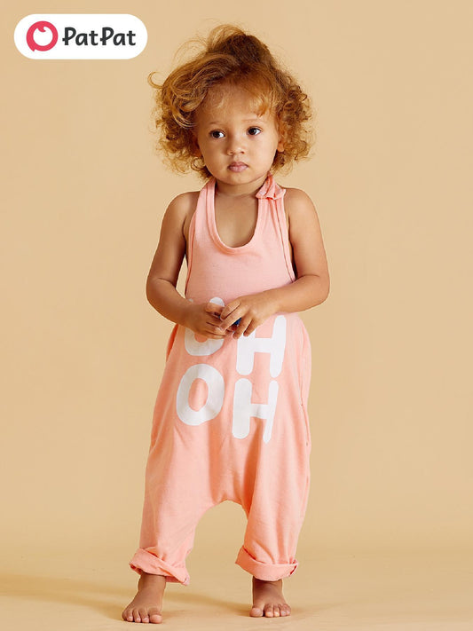 Stylish PatPat Baby Girl Boy Loose Letters Print Sleeveless Summer Backless Halter Jumpsuit for Outdoor Use