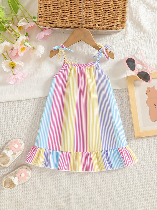 Adorable Rainbow Striped Sleeveless Dress for Girls with Ruffled Hem and Colorful Tie Shoulder Straps Perfect for Spring Summer Toddler Wear