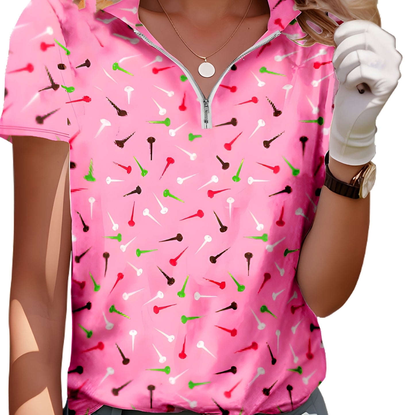 Women's Casual Golf Shirt with Geometric Print and Zipper Front