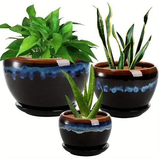 3 Pack Rustic Ceramic Flower Pots with Drip Glaze Finish Round Irregular Planters with Drainage Holes and Saucers Rust Resistant Indoor Outdoor Pots for Succulents Herbs Cactus Orchids Home and Office Decor Extra Large