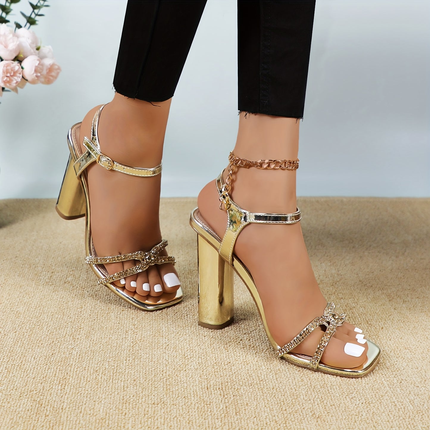 Glaze Women's Rhinestone Embellished Chunky Block Heel Sandals Adjustable Ankle Strap Square Toe Shining PU Cover Black Evening Shoes for Weddings Parties and Dressy Events