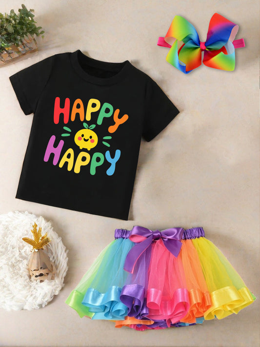 Girls Rainbow Tutu Skirt Set with Happy Happy T-Shirt and Bow Hair Clip Kids Outfit
