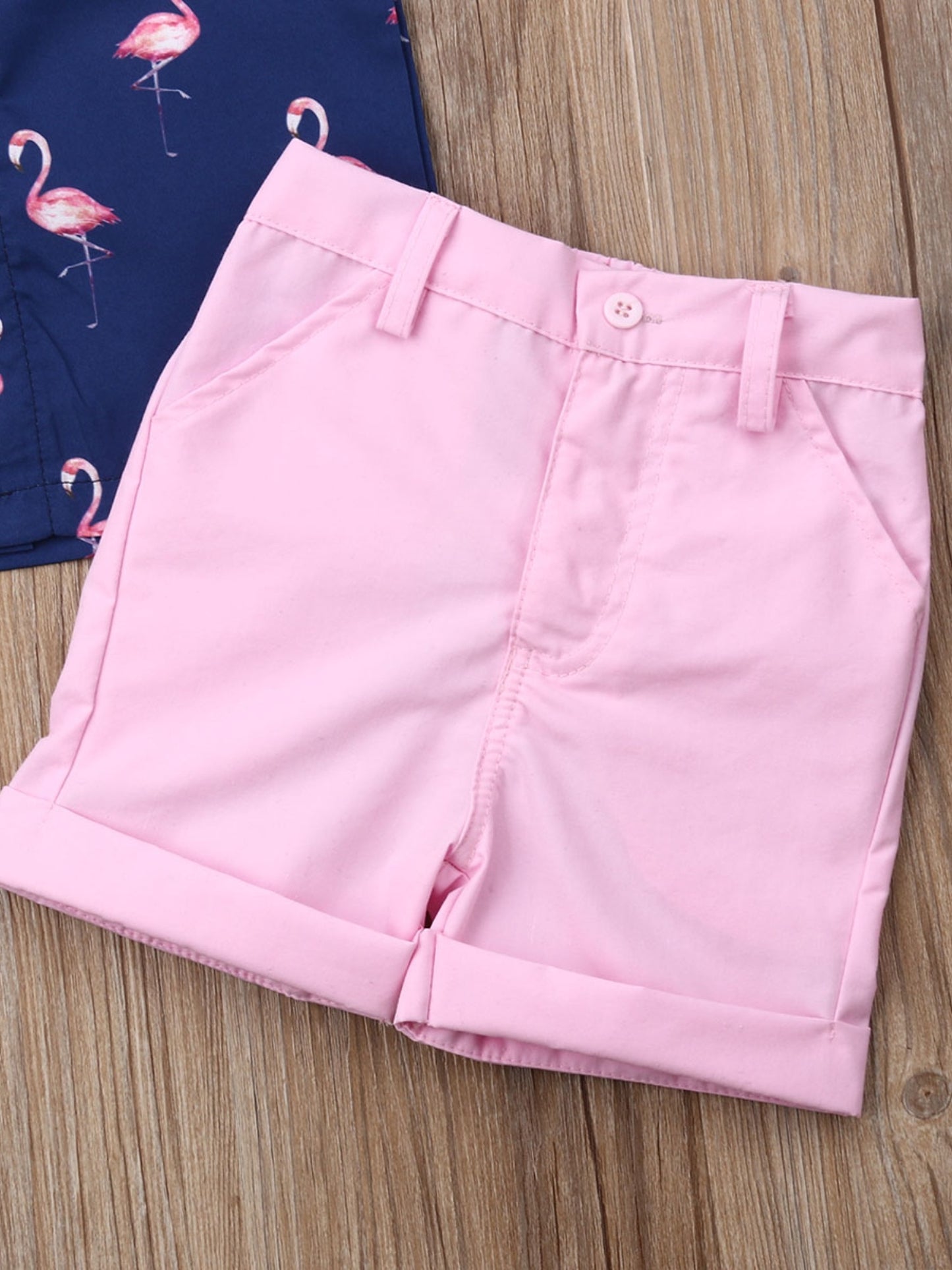 Youngsters Boys Summer Flamingo Print Shirt and Solid Shorts Clothes Set for Outdoor Fun