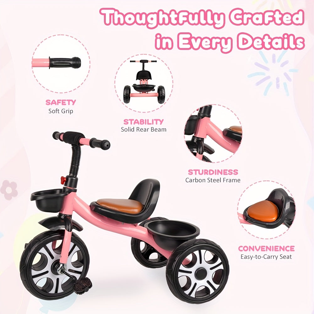 Durable Carbon Steel Tricycle with Storage Basket for Kids