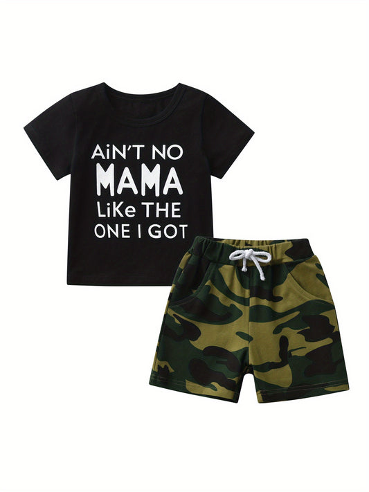 Summer Kids Boys Casual Short Sleeve Letter T Shirt And Camouflage Shorts Clothing Set For Outdoor Activities