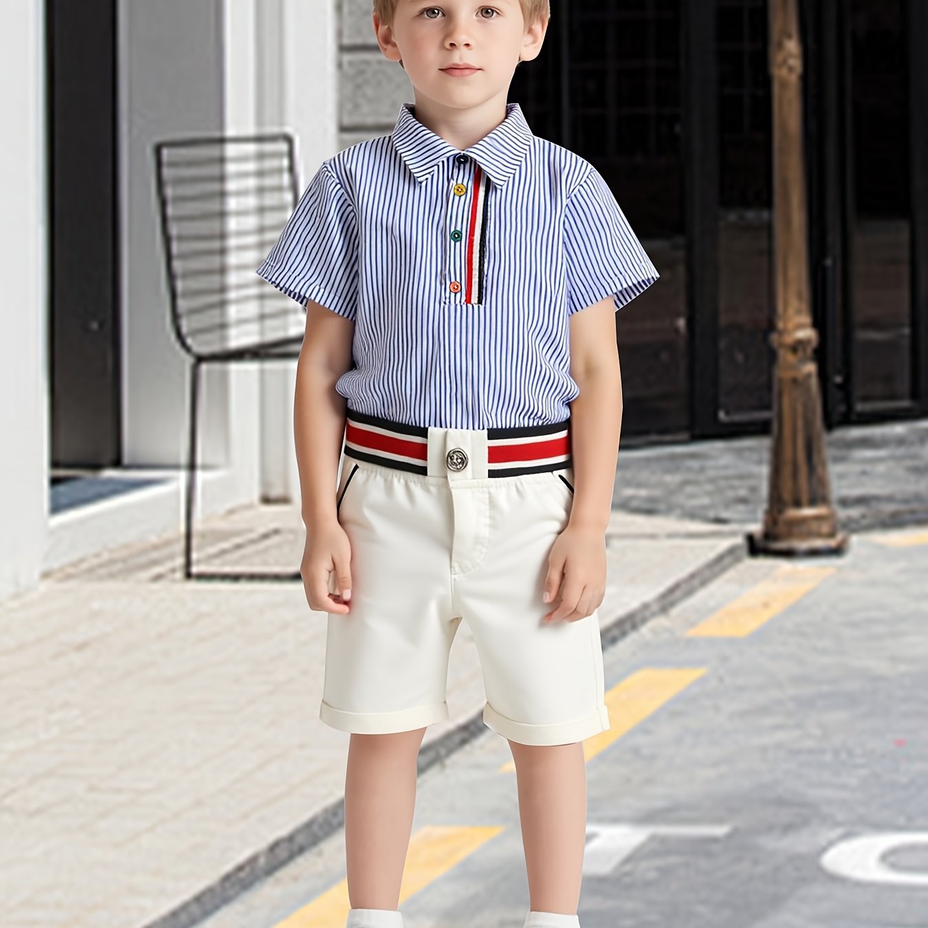 Boys Summer New European American Style Korean Short Sleeved Shirt Elastic Shorts Set Two Pieces