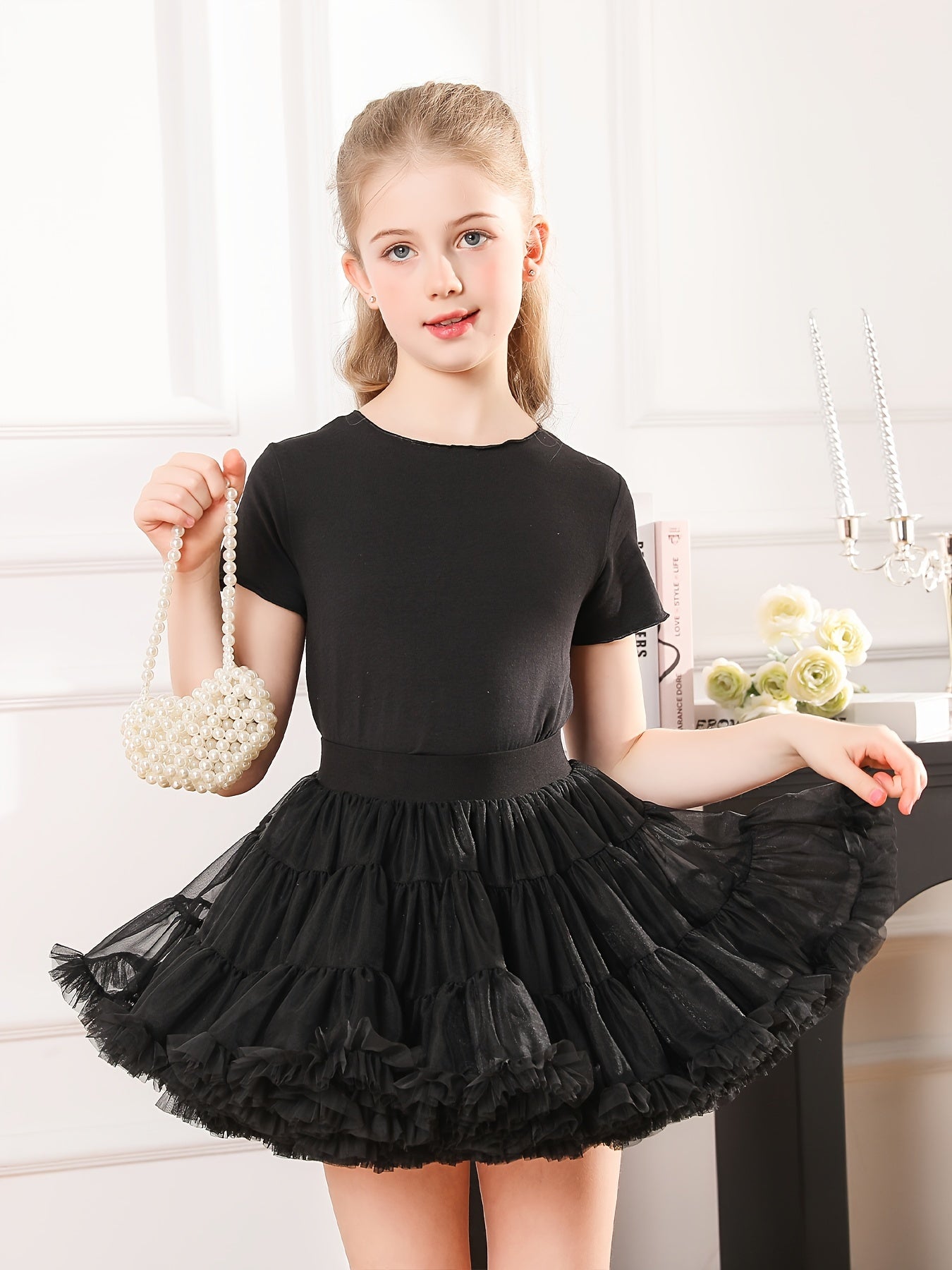 Elegant Girls 2pcs Solid Crew Neck Short Sleeve T-shirt Top and Tutu Skirt Set for Summer Party Gift