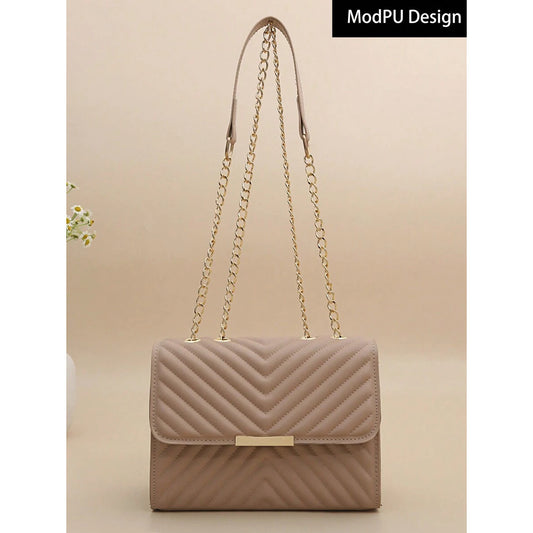 Women’s Quilted Crossbody Bag with Golden Clasp and Chain Strap