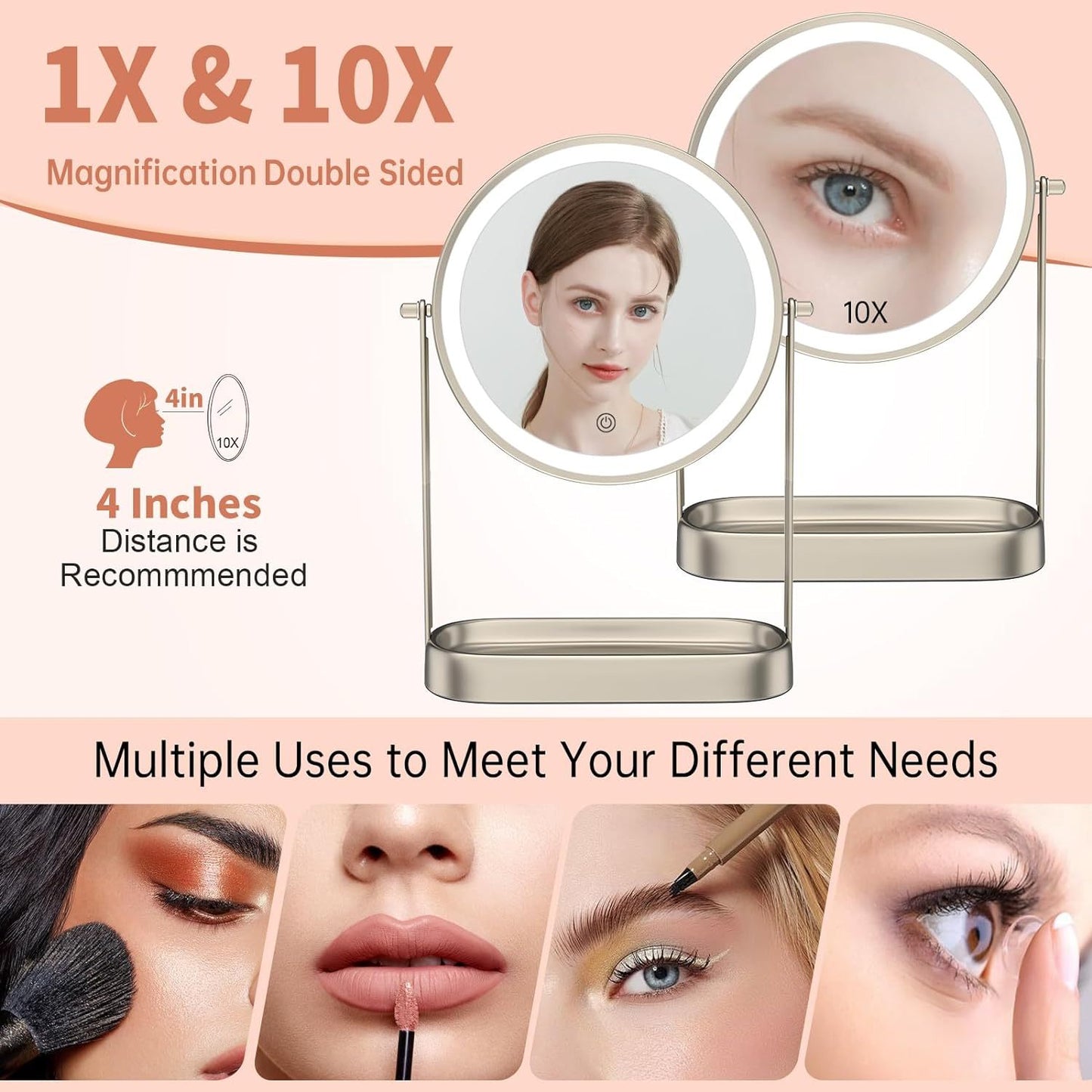 Lighted Rechargeable Makeup Mirror with Adjustable Brightness and Storage