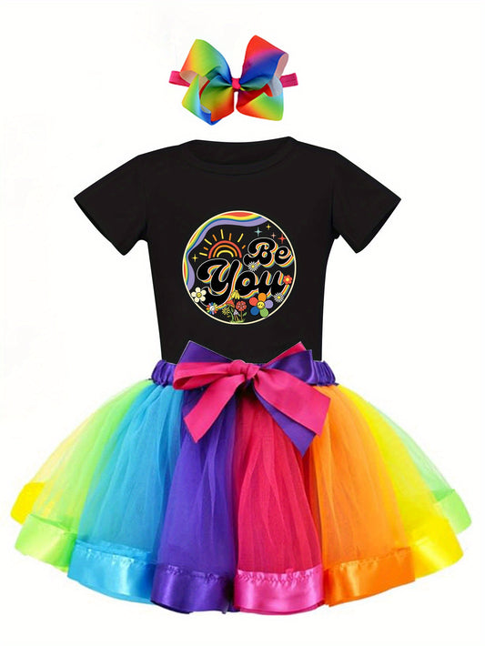 PUEMCO Girls 3pcs Rainbow Print Outfit Casual Crew Neck T-Shirt With Be You Graphic And Colorful Tutu Skirt Set Cotton Ideal For Outdoor Leisure And Home Wear
