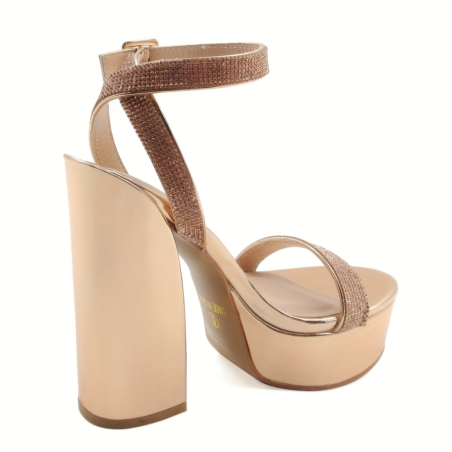 Elegant Women’s Rhinestone Embellished Faux Satin Stiletto Pumps with Ankle Strap and Pointed Toe Chunky Heel Golden Metallic Finish Perfect for Parties and Special Occasions Party Footwear