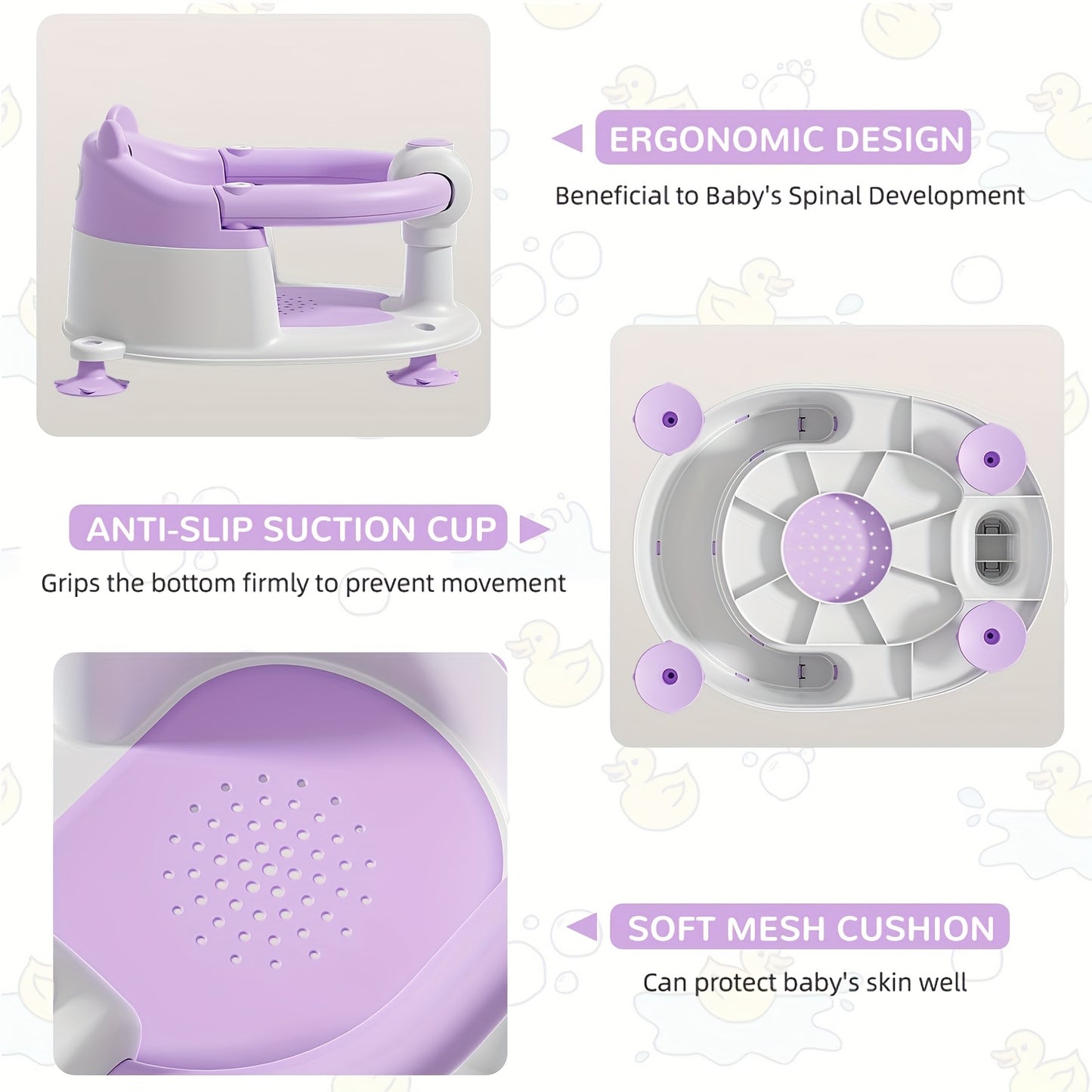 Non-Slip Baby Bath Seat with Suction Cups and Soft Cushion
