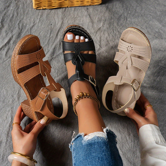 Women's Chunky Heel Platform Sandals Open Toe Ankle Strap Buckle Closure Comfortable Casual and Dressy Summer Shoes Black and Brown