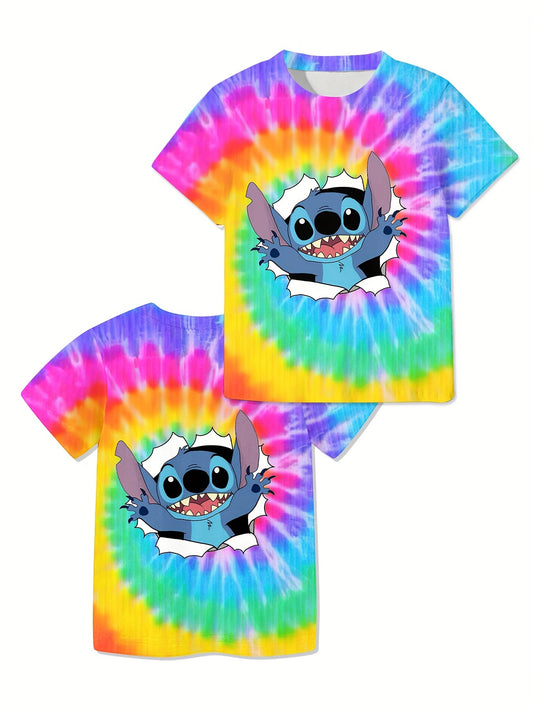 Lilo And Stitch Boys Smiling Character Tie Dye T Shirt Vibrant Blue And Yellow Cartoon Graphic 100 Percent Polyester Regular Fit Short Sleeve Machine Washable For Spring Summer Fall Casual Wear Shirts