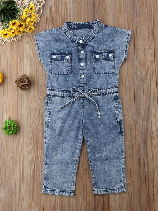 Girls Denim Jumpsuit Cute Sleeveless Folded Collar Button Outfit with Chest Pockets All Season Solid Color Woven Clothing