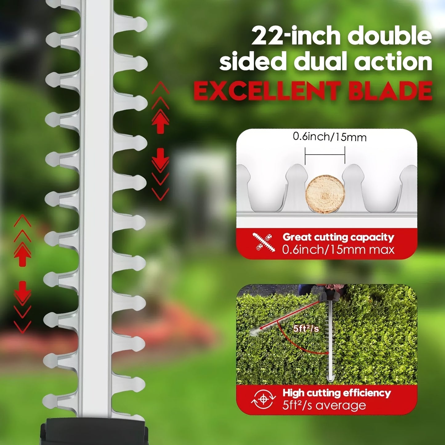 Cordless Hedge Trimmer with Dual-Action Carbon Steel Blade