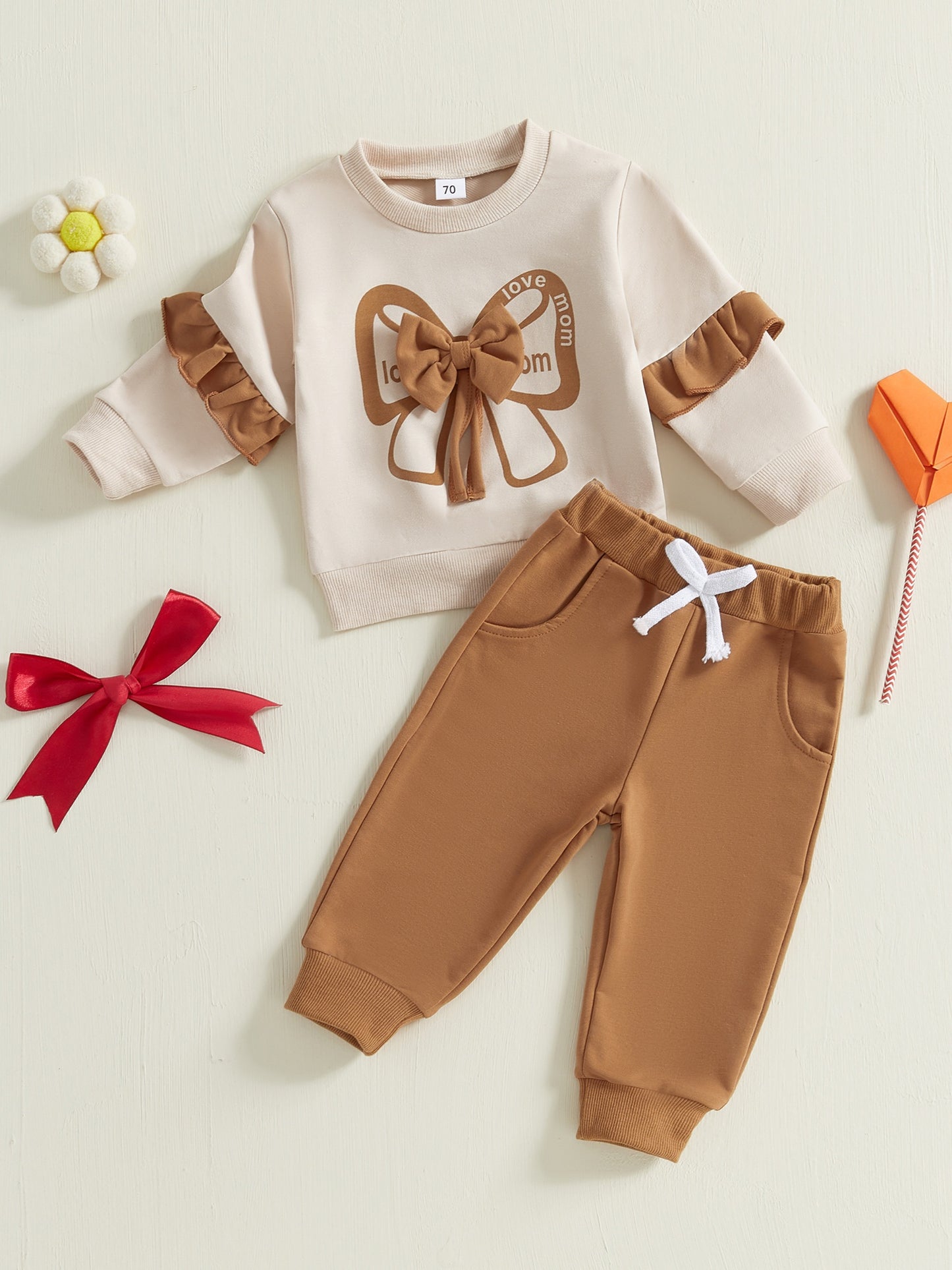 Girls Bow Sweatshirt and Sweatpants 2 Piece Outfit Set