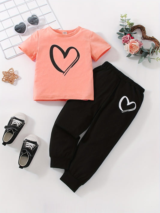 Girls Heart Print T-Shirt and Sweatpants Fashion Set