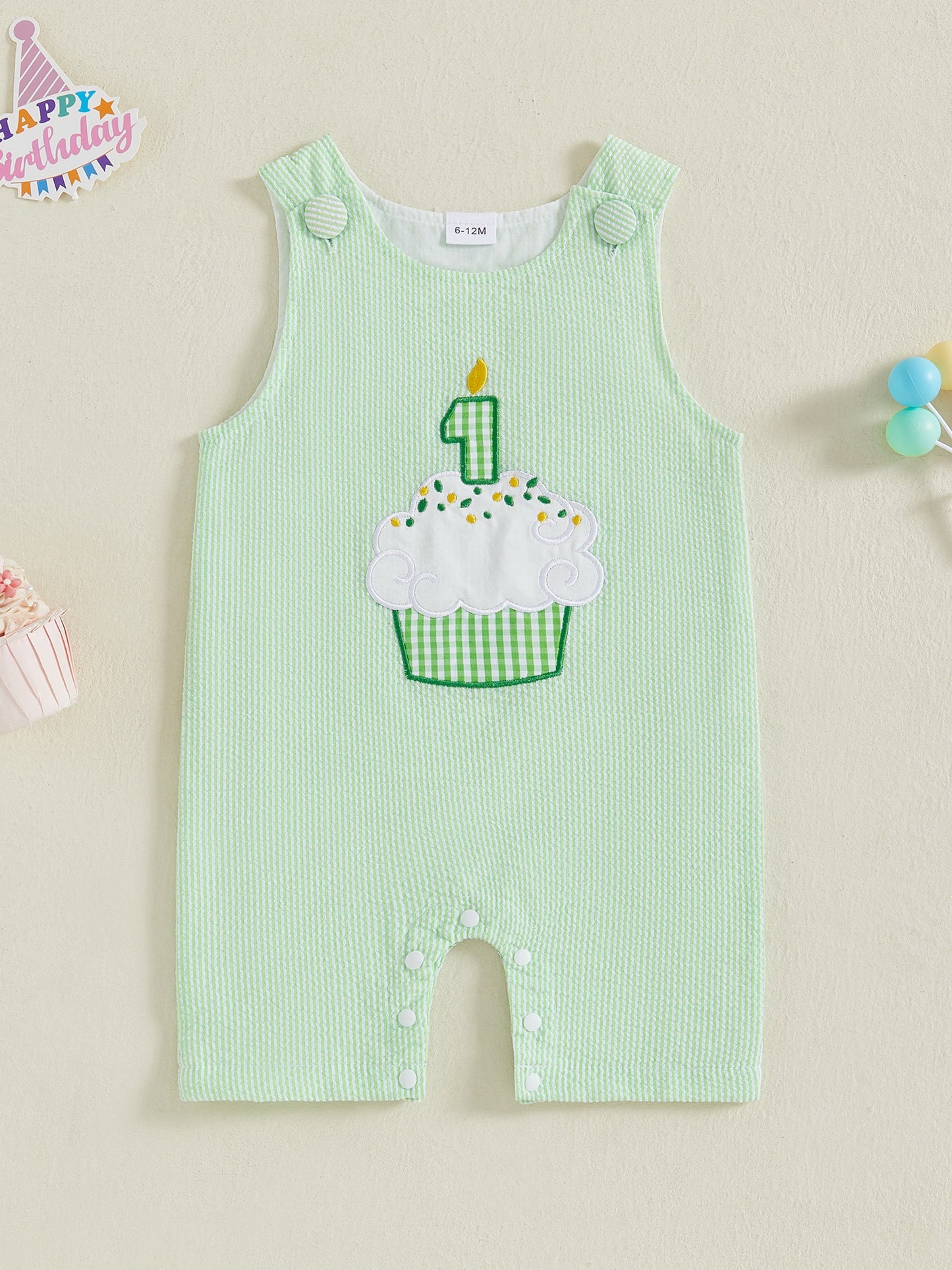 Baby Boys Rompers Birthday Clothes Cake Embroidery Stripe Summer Sleeveless Overalls Bodysuits Jumpsuits for Outdoor