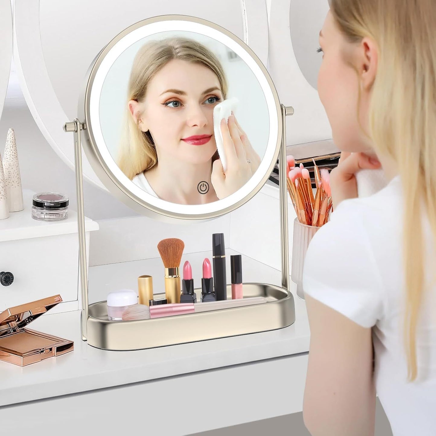 Lighted Rechargeable Makeup Mirror with Adjustable Brightness and Storage