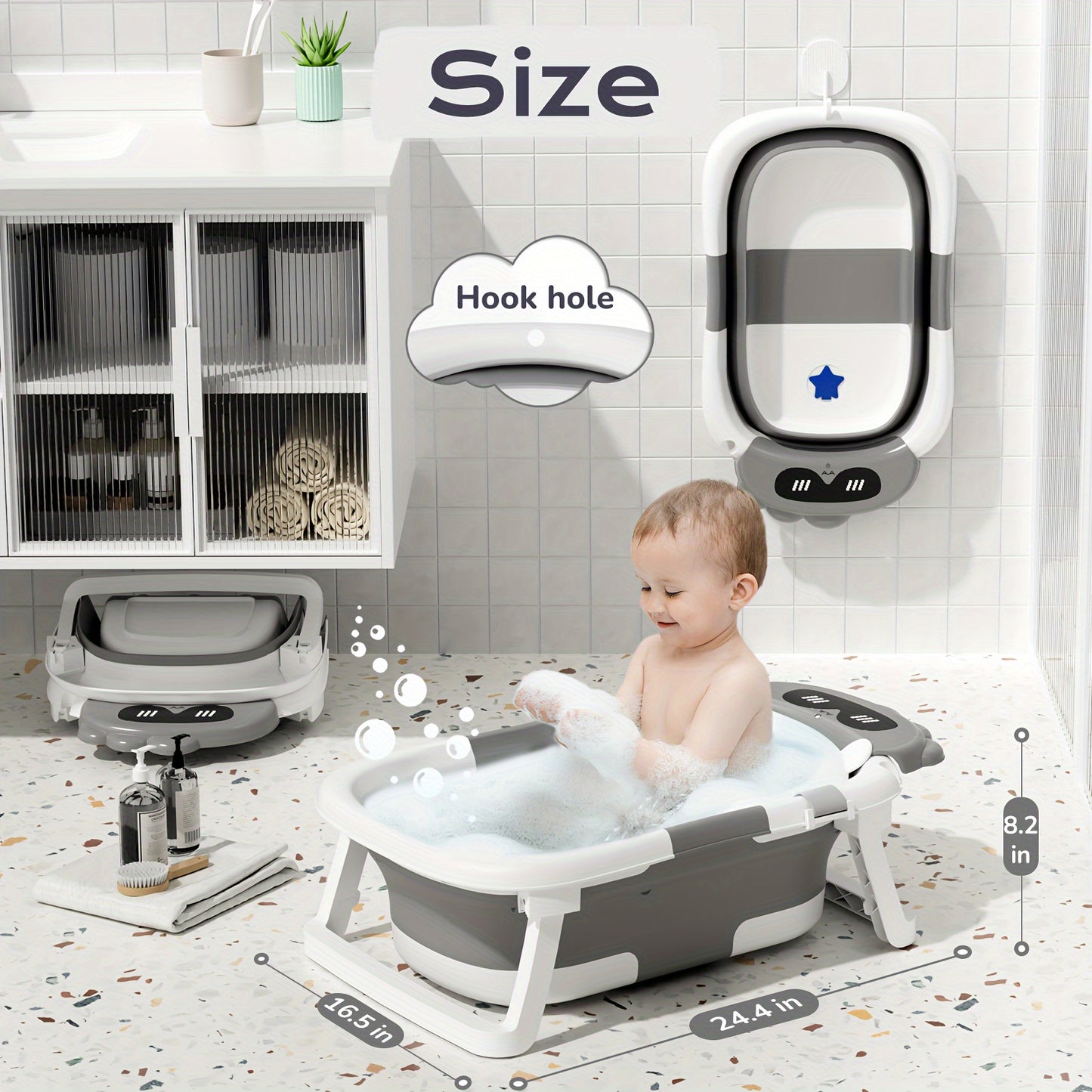 Collapsible Baby Bath Tub with Soft Cushion and Heat Sensitive Drain