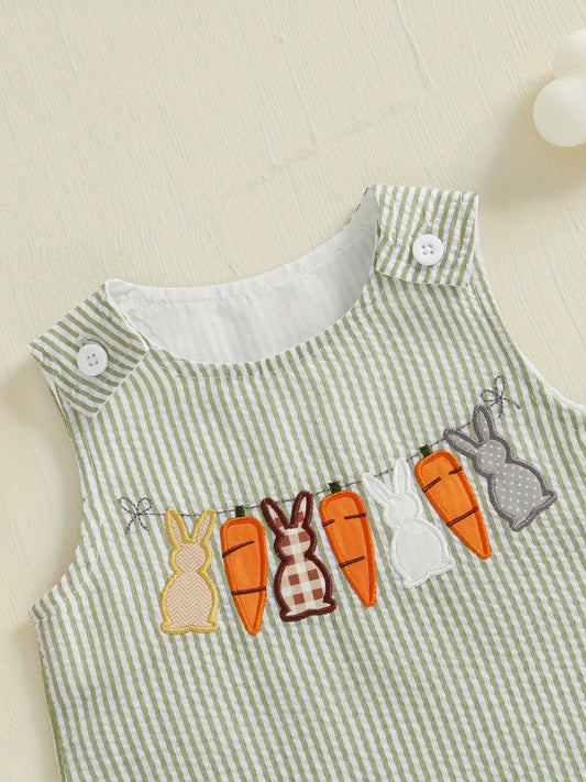 Toddler Girls Boys Overall Rompers Easter Clothes Rabbit Carrot Embroidered Sleeveless Baby Bodysuits Jumpsuits for Outdoor Fun