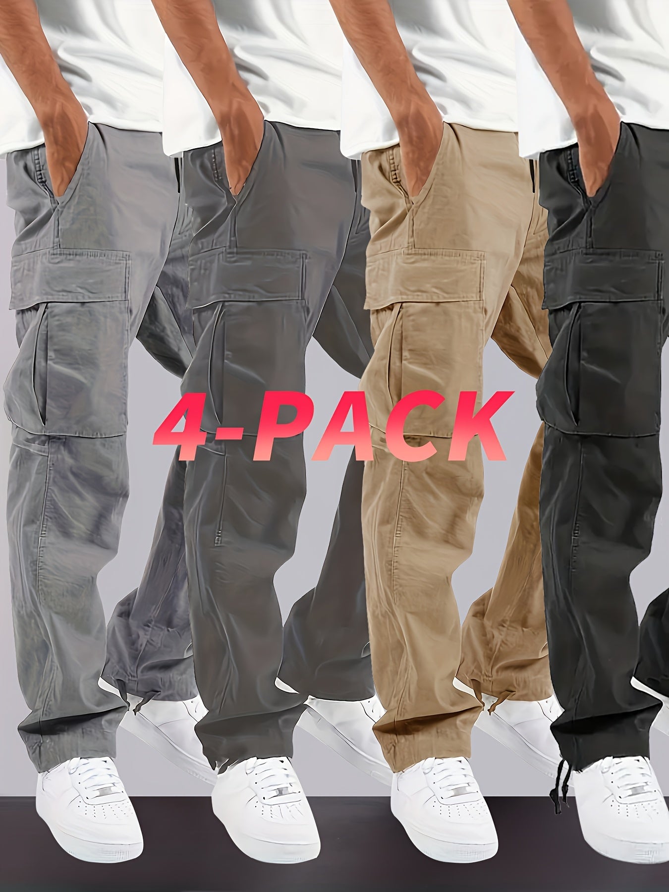 4 Pack Teen Boys Cargo Pants Loose Fit Casual Outdoor Pants with Multiple Pockets Machine Washable Polyester Blend Adjustable Drawstring Waist Available in Gray Beige and Black for Spring and Fall Activities