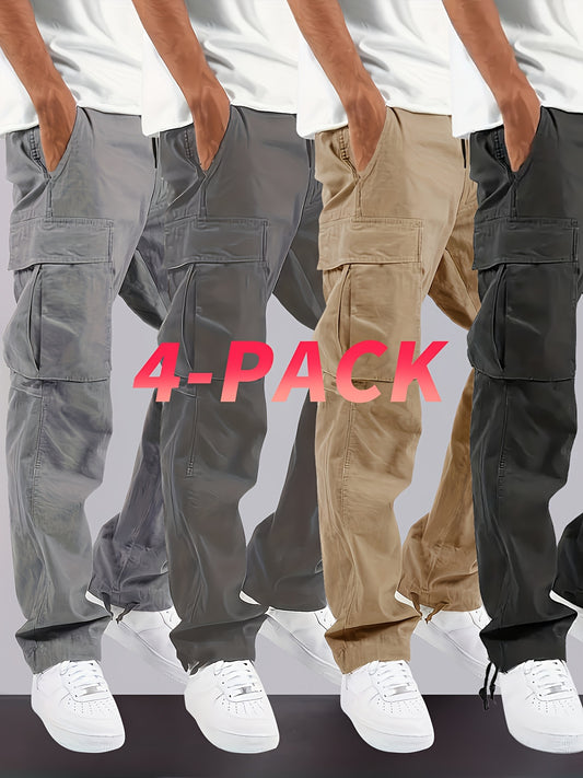 4 Pack Teen Boys Cargo Pants Loose Fit Casual Outdoor Pants with Multiple Pockets Machine Washable Polyester Blend Adjustable Drawstring Waist Available in Gray Beige and Black for Spring and Fall Activities