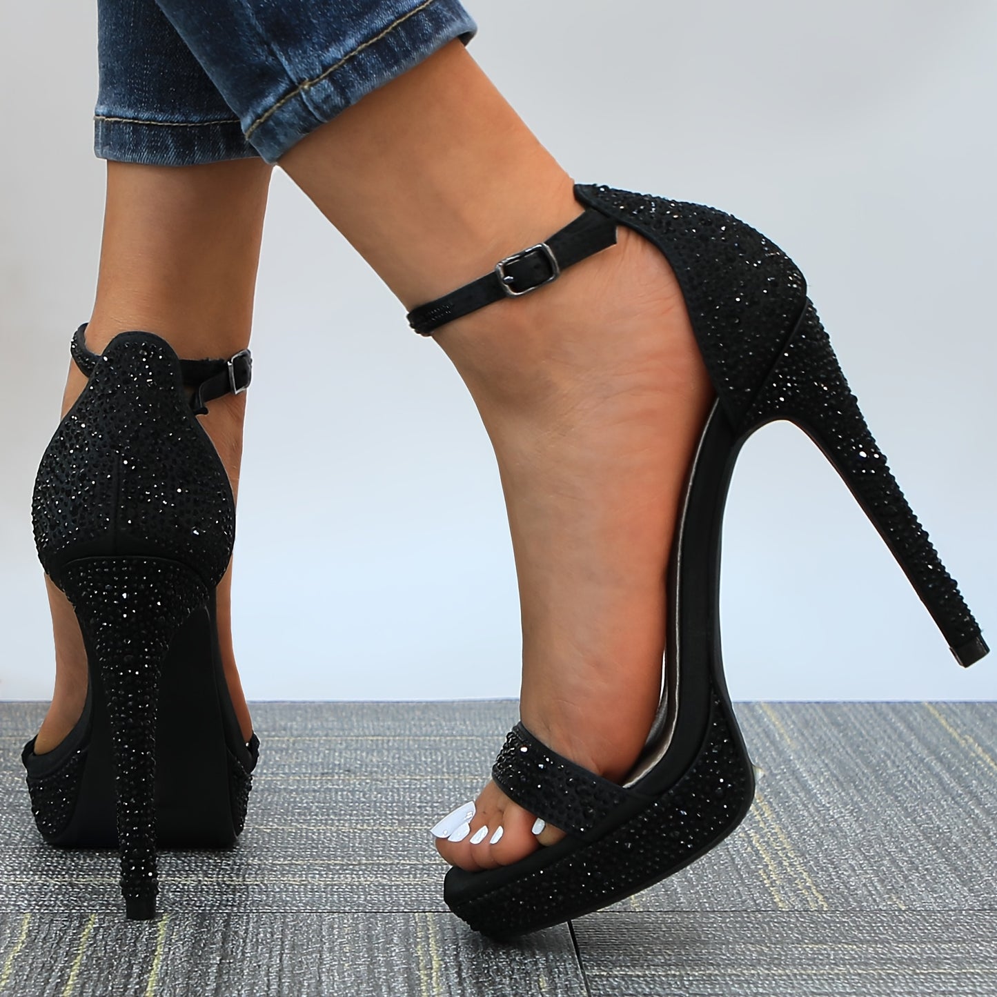 Women's 4.72 Inch Platform High Heeled Sandals Strappy Stiletto Open Square Toe Heels with Ankle Strap for Wedding Party Prom Work Dating Rhinestone Hot Drilling