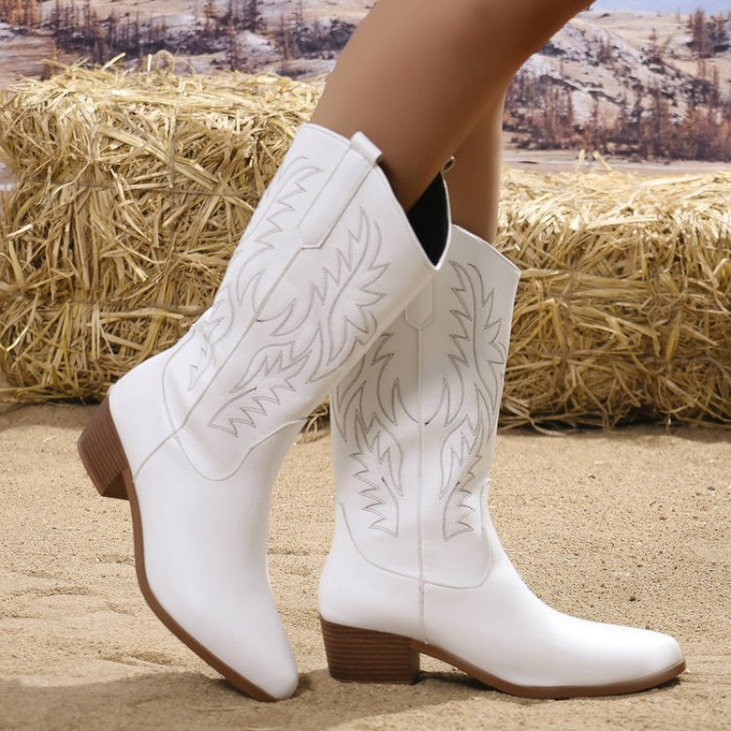 Embroidered Round Toe Boots With Thick Block Heel Design