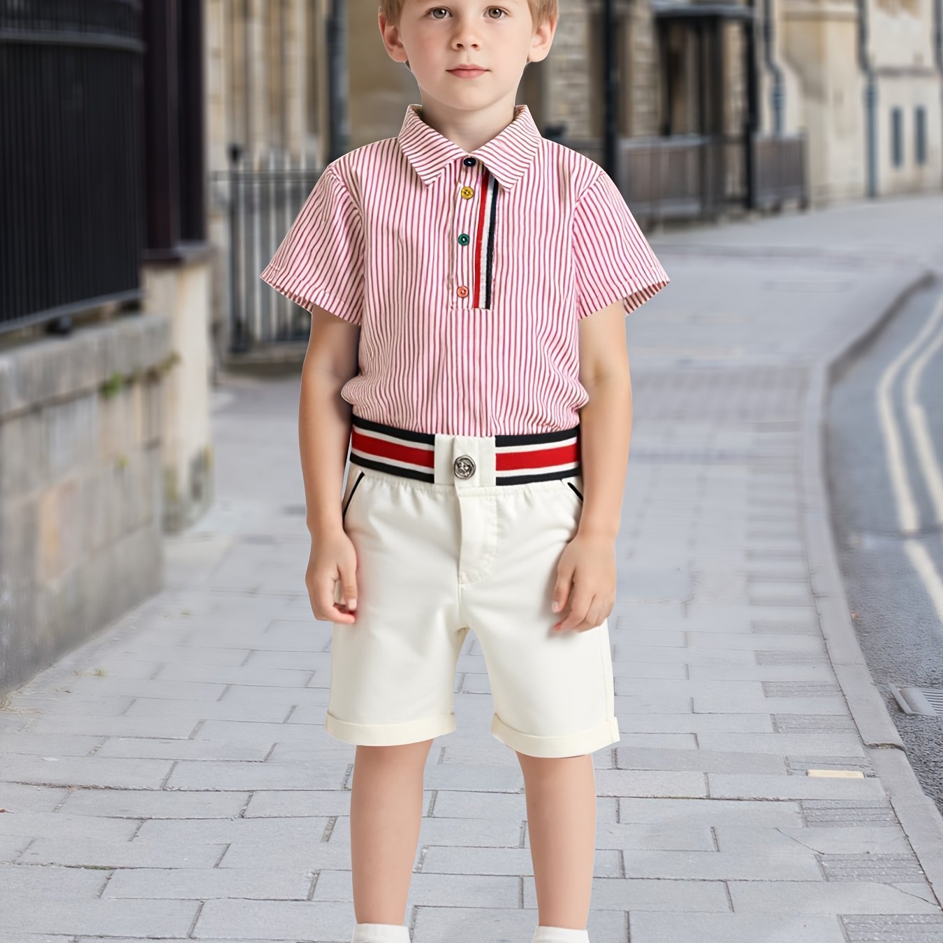 Boys Summer New European American Style Korean Short Sleeved Shirt Elastic Shorts Set Two Pieces