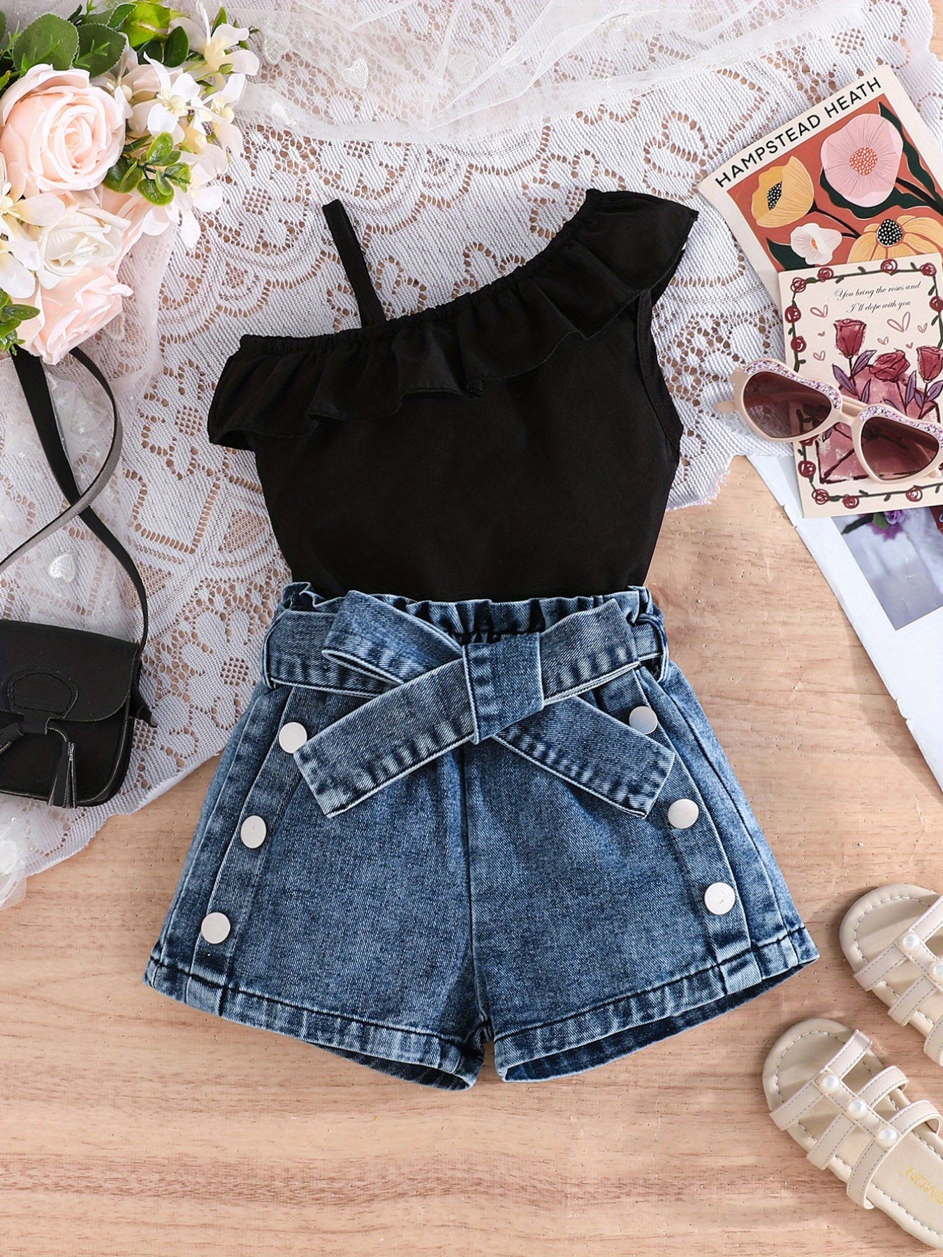 Summer Outfit for Girls Aged 3 to 7 Two-Piece Set with Asymmetrical Off-Shoulder Ruffle Top and Distressed Denim Shorts with Bow Details