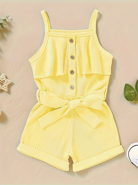 Baby Solid Color Ruffle and Button Decor Ribbed Bodysuit Casual Cotton Sleeveless Romper Toddler and Infant Girl Onesie for Summer Gift