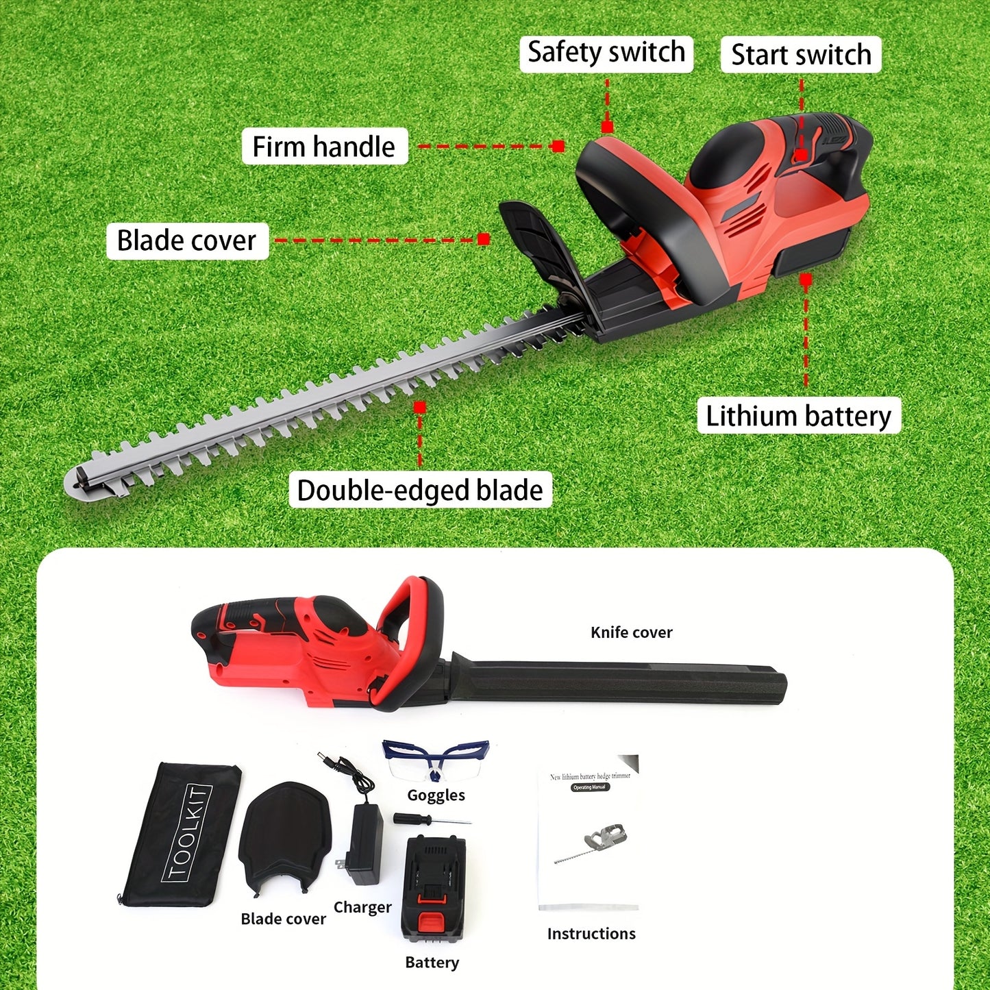 Cordless Hedge Trimmer with Dual-Action Carbon Steel Blade