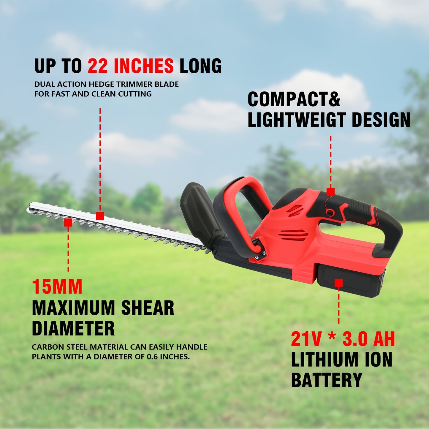 Cordless Hedge Trimmer with Dual-Action Carbon Steel Blade