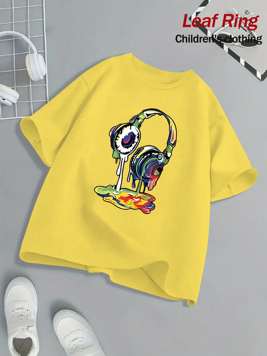 Kids Headphone Paint Print T-Shirt Vibrant Street Art Graphic Tee 10 Color Options 100 Percent Cotton Loose Fit Short Sleeve Summer Casual Wear for Boys and Girls Machine Washable Festive Children's Clothing Trendy Youth Fashion